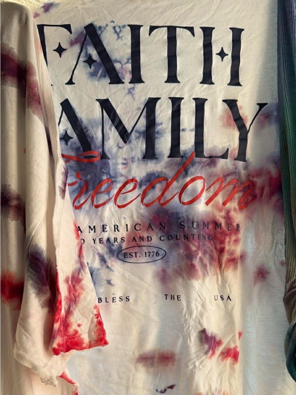 Tie-Dye 'Freedom' Graphic Long Sleeve Shirt - White, Red, Blue 2x